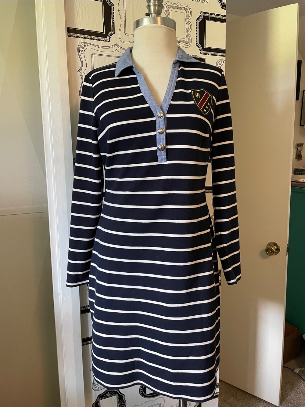 Tommy Hilfiger Navy and White Striped Long Sleeve Polo Dress